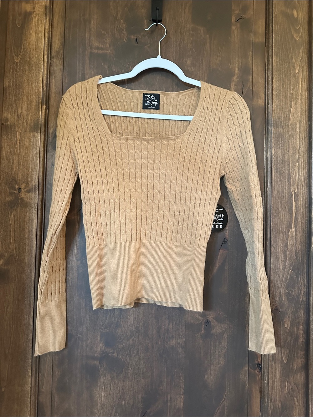 Square Neck Camel Cable Knit Sweater by Joie of Joy